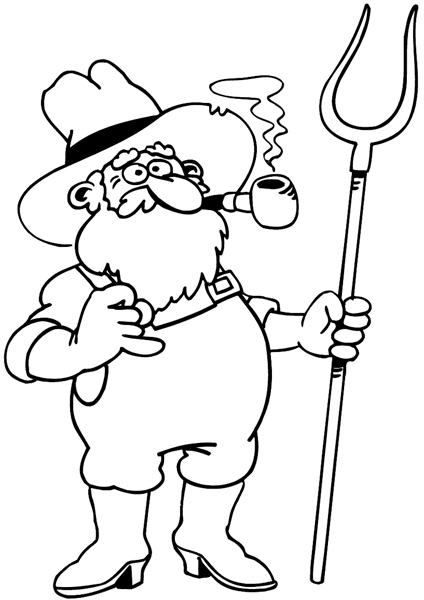 Aged farmer smoking a pipe and holding a pitchfork vinyl sticker. Customize on line.  Agriculture Crops Farming Farmer Pitchfork 003-0144  