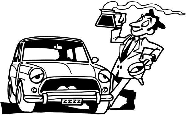 Man bringing hot coffee and a funnel to a sleepy car vinyl sticker. Customize on line.  Autos Cars and Car Repair 060-0285 Sleepy car having Coffee