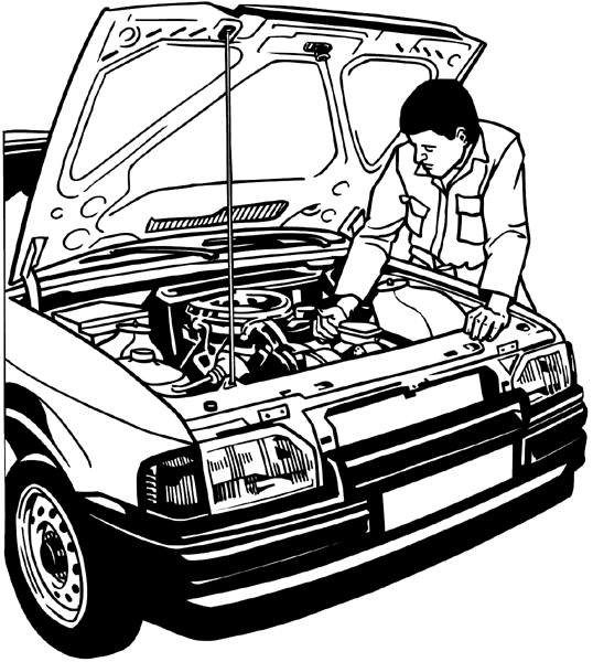 Mechanic working under hood vinyl sticker. Customize on line.  Autos Cars and Car Repair 060-0299 