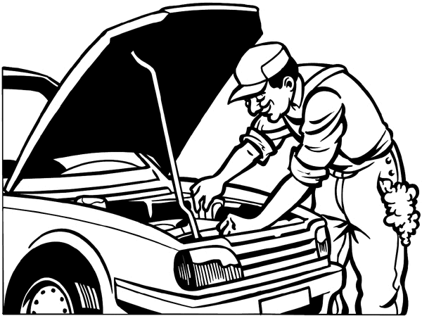 Smiling mechanic at work vinyl sticker. Customize on line.      Autos Cars and Car Repair 060-0301 mechanic under the hood  