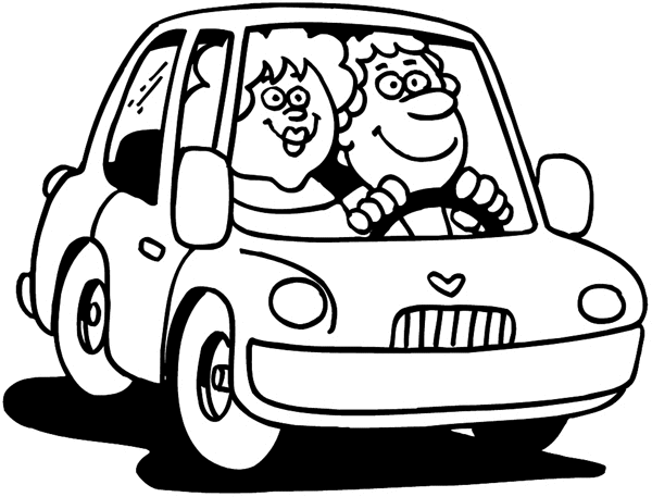 Man and woman in tiny car vinyl sticker. Customize on line.      Autos Cars and Car Repair 060-0392  