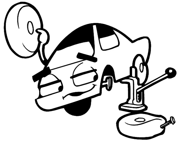 Comic car getting flat tire changed vinyl sticker. Customize on line.     Autos Cars and Car Repair 060-0434  
