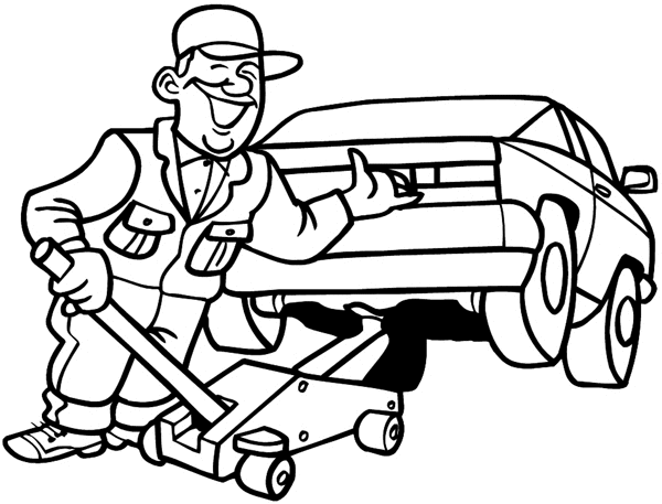 Happy mechanic raising car with floor jack vinyl sticker. Customize on line. Autos Cars and Car Repair 060-0465  