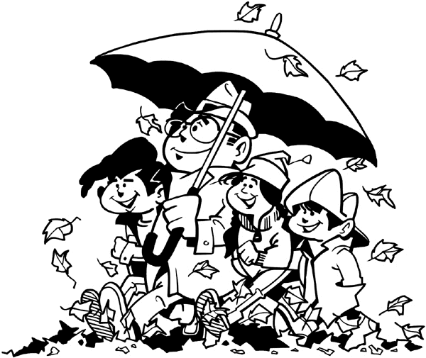 Family under umbrella and falling leaves vinyl sticker. Customize on line.       Autumn Fall 006-0182  