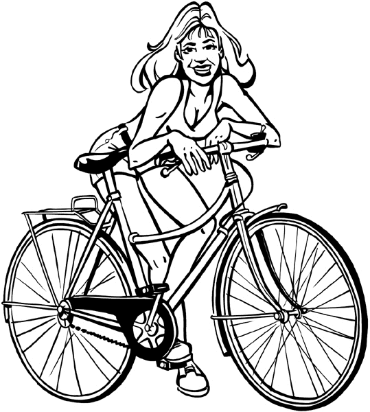 Shapely girl leaning on bicycle vinyl sticker. Customize on line.      Bicycles Motorcycles 009-0082  