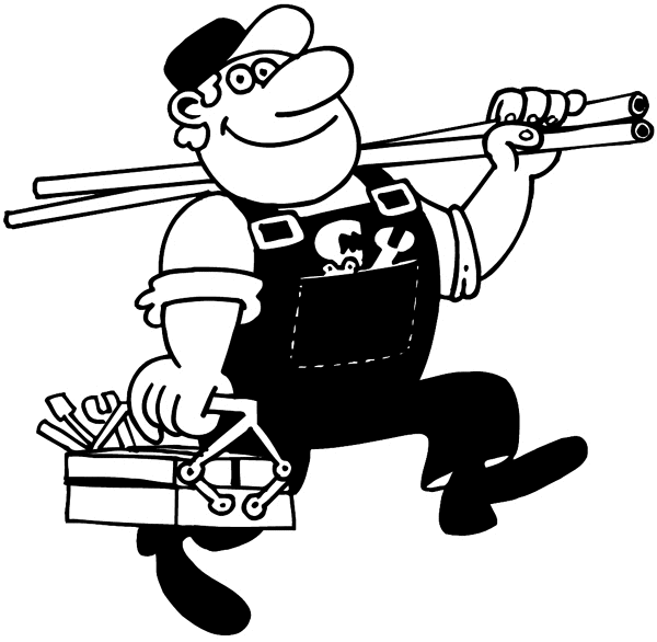 Plumber with pipes over one shoulder and tool box in hand vinyl sticker. Personalize on line.       Blacksmiths 012-0059  