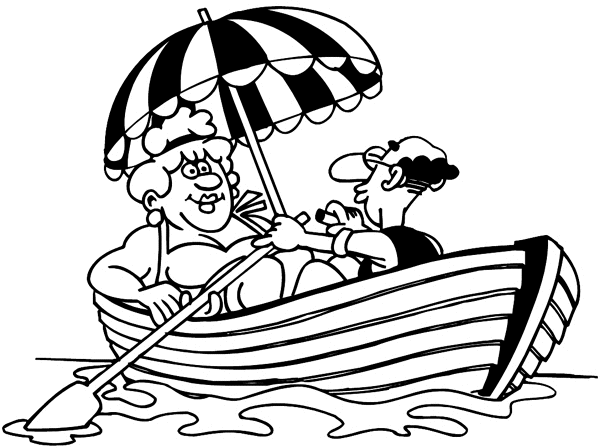 Older couple in rowboat with umbrella vinyl sticker. Customize on line.     Boats Shipping 013-0173  