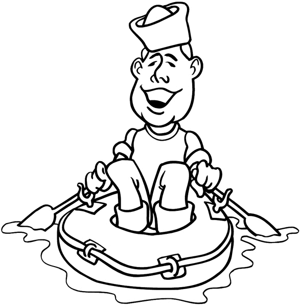 Comic sailor rowing an inner tube vinyl sticker. Customize on line. Boats Shipping 013-0184  