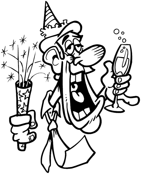 Party man with sparkler in one hand and drink in the other vinyl decal. Customize on line.      Celebrate 063-0187  