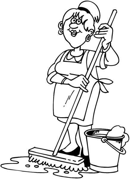 Cleaning lady with shop-broom and pail of soapy water vinyl sticker. Customize on line.     Cleaning 023-0107  