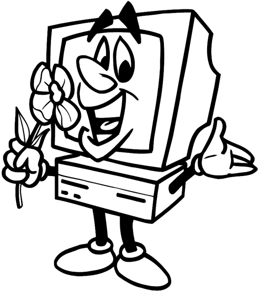 Computer holding a flower vinyl sticker. Customize on line.       Computers 024-0239  