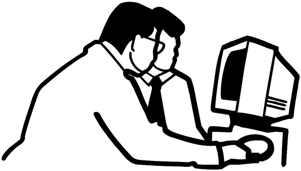 Two businessmen at computer vinyl sticker. Customize on line.      Computers 024-0256  