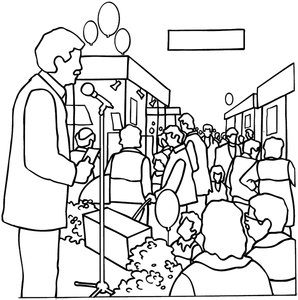 Man at microphone and crowd of people vinyl sticker. Customize on line. Entertainment And Circus 033-0161