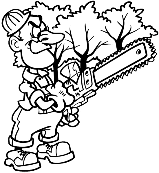 Chainsaw wielding man by trees vinyl decal. Customize on line. Environment Pollution Conservation 034-0184