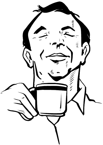 Man savoring cup of coffee vinyl sticker. Customize on line. Faces 035-0172