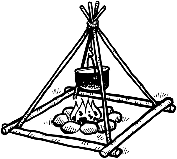 Cooking pot over campfire vinyl sticker. Customize on line. Fires And Smoke 037-0058