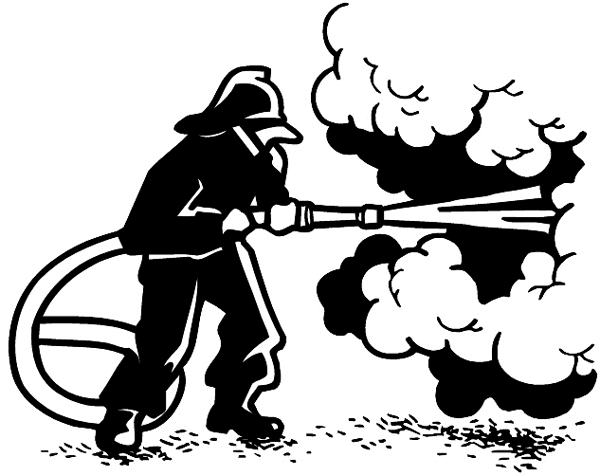 Fireman spraying water on fire vinyl sticker. Customize on line. Fires And Smoke 037-0095