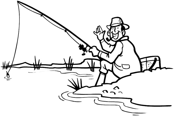 Man fishing from river bank vinyl sticker. Customize on line. Fishing 038-0126
