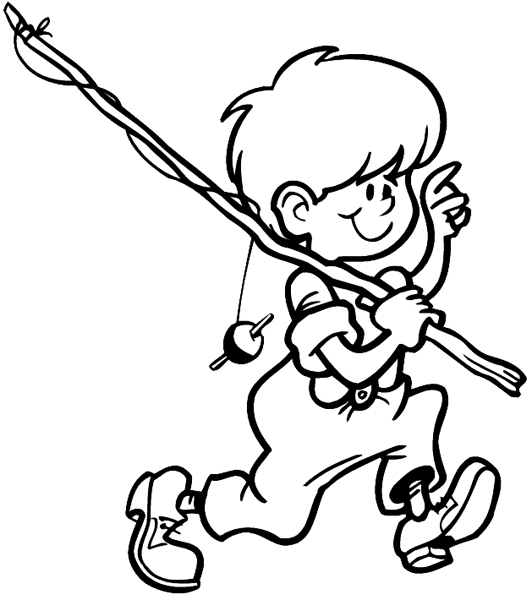 Little boy with homemade fishing pole vinyl sticker. Customize on line. Fishing 038-0134