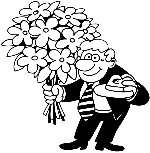 Man with large bouquet of flowers vinyl sticker. Customize on line. Flowers Trees Plants 039-0430