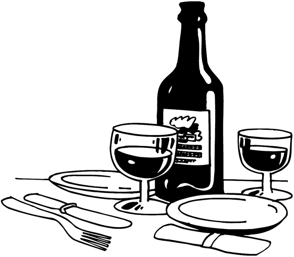 Bottle of wine and two glasses vinyl sticker. Customize on line. Food Meals Drinks 040-0470