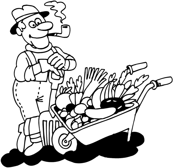 Man with wheelbarrow full of vegetables vinyl sticker. Customize on line.  Gardening 045-0178