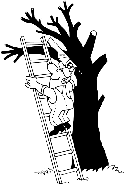 Man on a ladder pruning a tree vinyl sticker. Customize on line. Gardening 045-0179