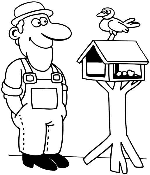 Man with bird on top of birdhouse vinyl decal. Customize on line.  Gardening 045-0188