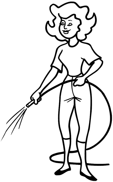 Lady with a water hose vinyl sticker. Customize on line. Gardening 045-0193