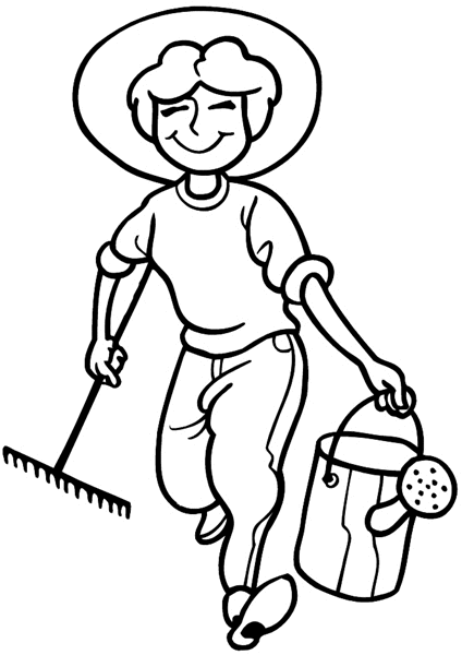 Smiling worker with garden tools vinyl sticker customize on line. Gardening 045-0195