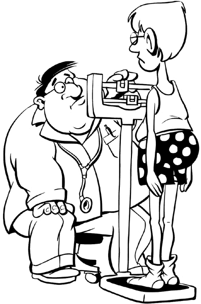 Obese Doctor weighing a patient vinyl sticker. Customize on line. Health Illness Anatomy 050-0208