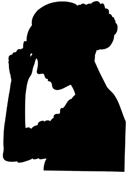 Lady with headache silhouette vinyl sticker. Customize on line. Health Illness Anatomy 050-0214