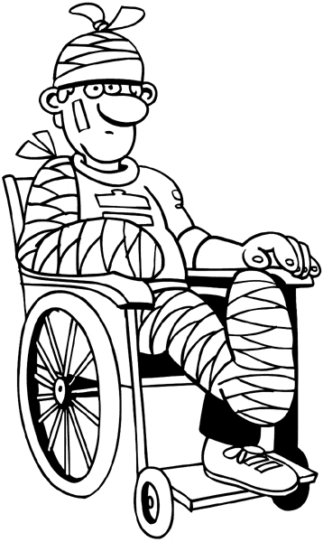 Man in wheelchair bandaged from head to foot vinyl sticker. Customize on line. Health Illness Anatomy 050-0262