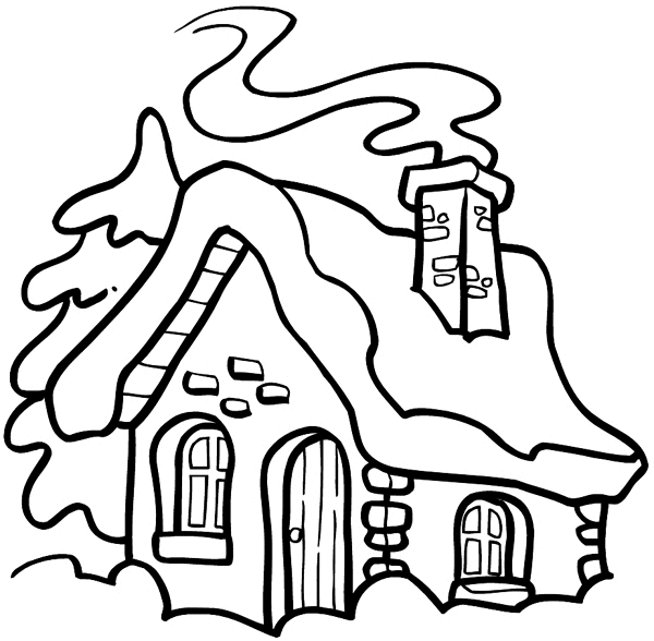 Cottage in snow with smoke coming from chimney vinyl sticker. Customize on line. Houses Homes Buildings 053-0244