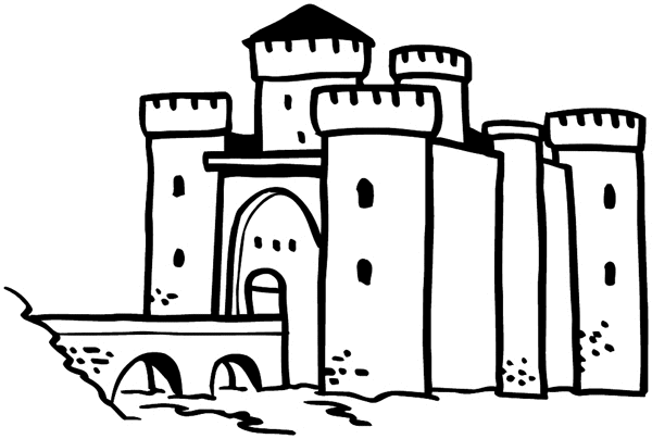 Castle with moat vinyl sticker. Customize on line. Houses Homes Buildings 053-0258