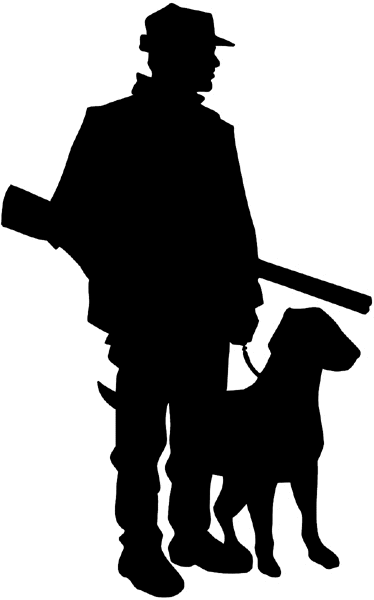 Hunter and dog in silhouette vinyl sticker. Customize on line. Hunting 054-0057