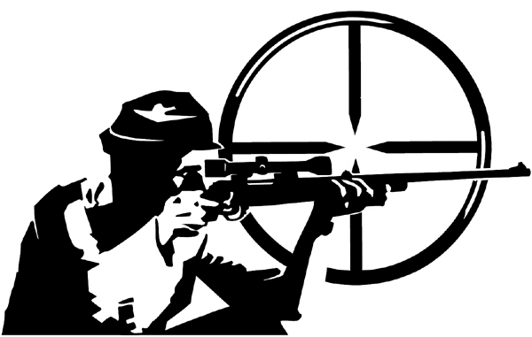 Man with rifle and sights vinyl sticker. Customize on line. Hunting 054-0114