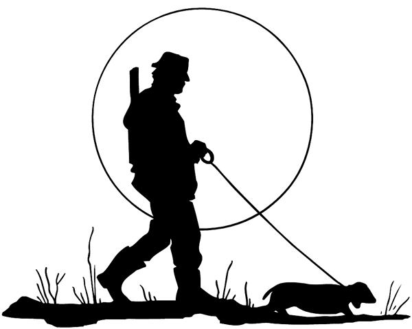 Hunter with small dog on leash vinyl sticker. Customize on line. Hunting 054-0159