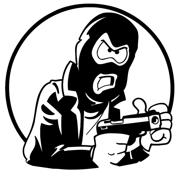 Masked man with a gun vinyl sticker. Customize on line. Law and Order 057-0161