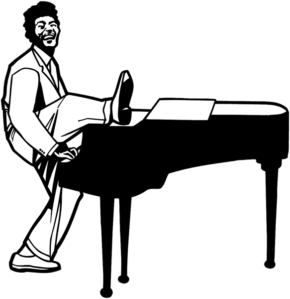 Piano player with leg up vinyl sticker. Customize on line. Music 061-0254