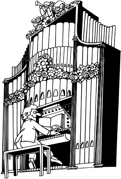 Man playing large pipe organ vinyl sticker. Customize on line. Music 061-0359