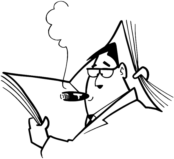 Cigar smoking man reading newspaper vinyl sticker. Customize on line. Newspapers Communication 064-0204