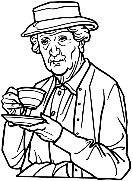 Elderly lady with cup of beverage vinyl sticker. Customize on line. People 069-0411
