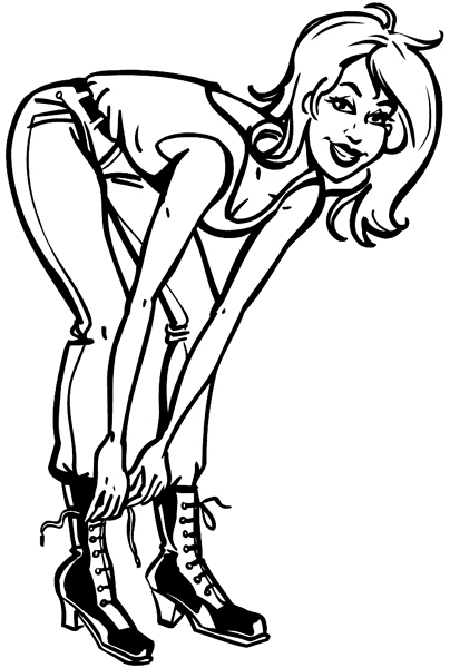 Lady bending over to lace up shoes vinyl sticker. Customize on line. People 069-0454