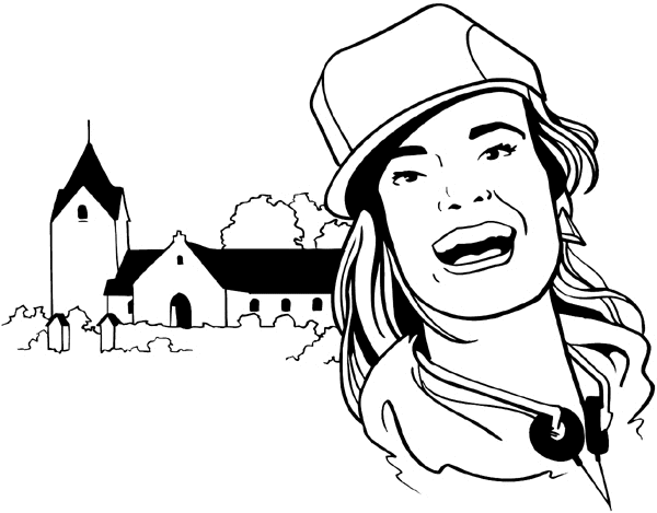 Lady in front of a church vinyl sticker. Customize on line. People Religions Countries 070-0338
