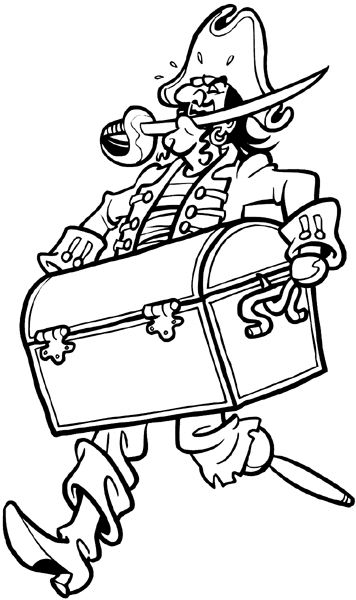 Pirate carrying treasure chest and holding sword in his mouth vinyl decal. Customize on line. Phenomena and History 072-0377