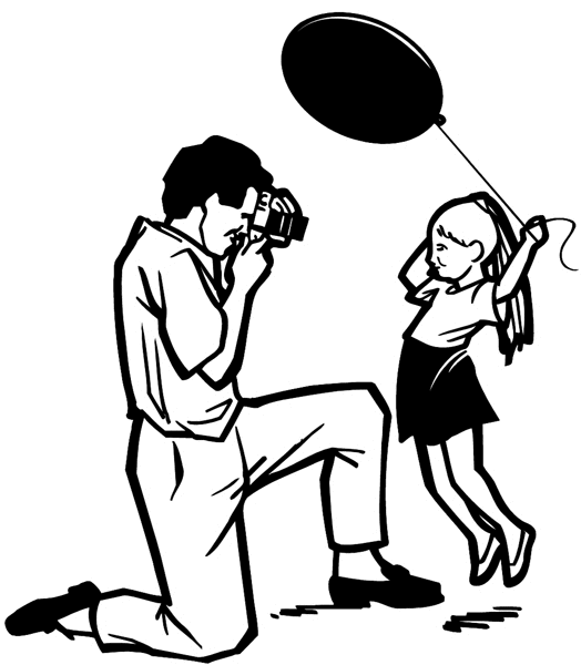 Man taking picture of girl with balloon vinyl sticker. Customize on line. Photos and Films 073-0085
