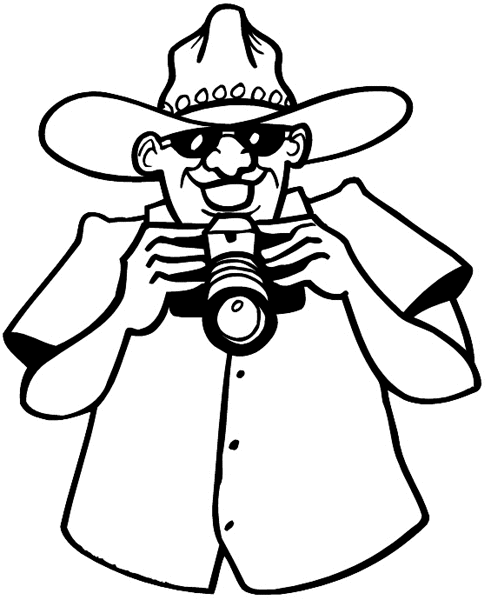 Tourist in cowboy hat with camera vinyl sticker. Customize on line. Photos and Films 073-0157
