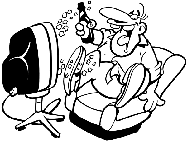 Excited man drinking beer and watching TV vinyl sticker. Customize on line. Radio Television Video 078-0128