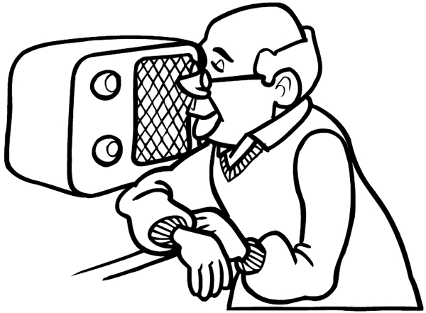 Senior man listening to radio vinyl sticker. Customize on line. Radio Television Video 078-0184
